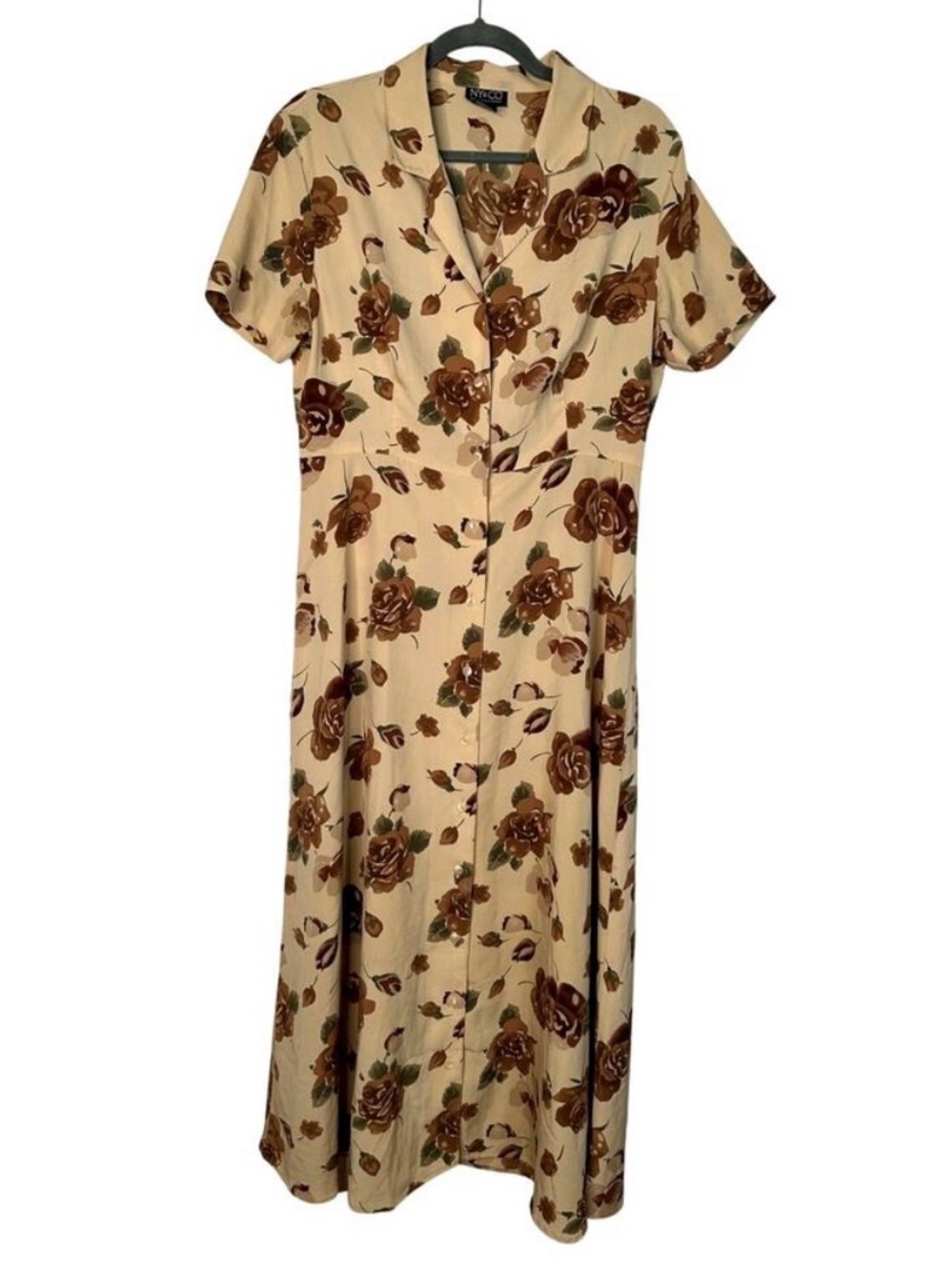Vintage 90s NY&Co Silk Blend Floral Midi Dress Cream and Brown Sz 10 Cottagecore